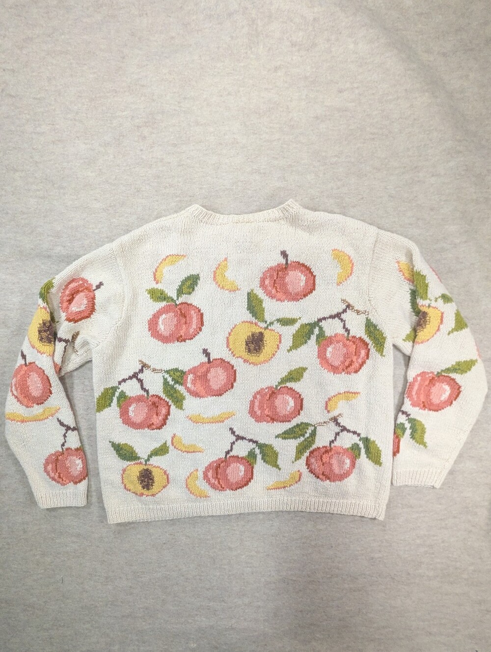 Vintage Fruit Peaches Knit Cardigan Linen Talbots Jacquard Cotton Rare Unique XL - Picture 2 of 12